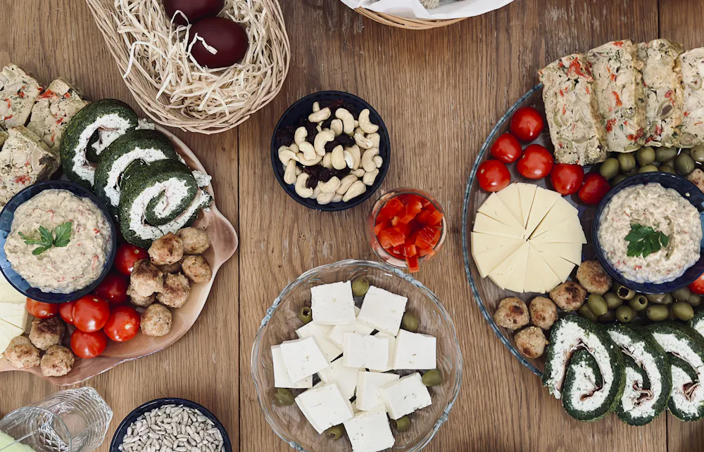 A shared table of Mediterranean dishes